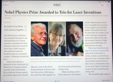 Wall Street Journal Article: Nobel Physics Prize Awarded to Trio for Laser Inventions