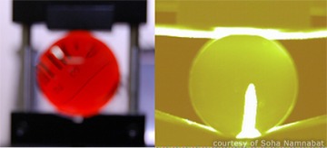 Left: An Air Force target imaged through the sulfur copolymer molded lens. Right: An image from a solder iron tip taken through the polymer lens using a mid-infrared camera.